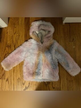 3T Kids Faux Fur Hooded Jacket - Pastel Multi